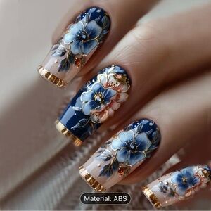 Designer 24Pcs French-Style Blue Ombré with Gold Trim Glossy Press on Nails-Medi